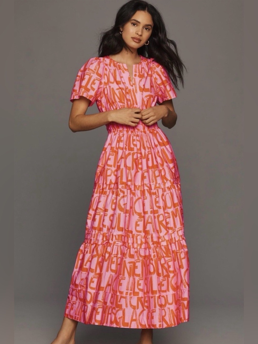 Anthropologie Pink & Orange Letter-Print Tiered Maxi Dress